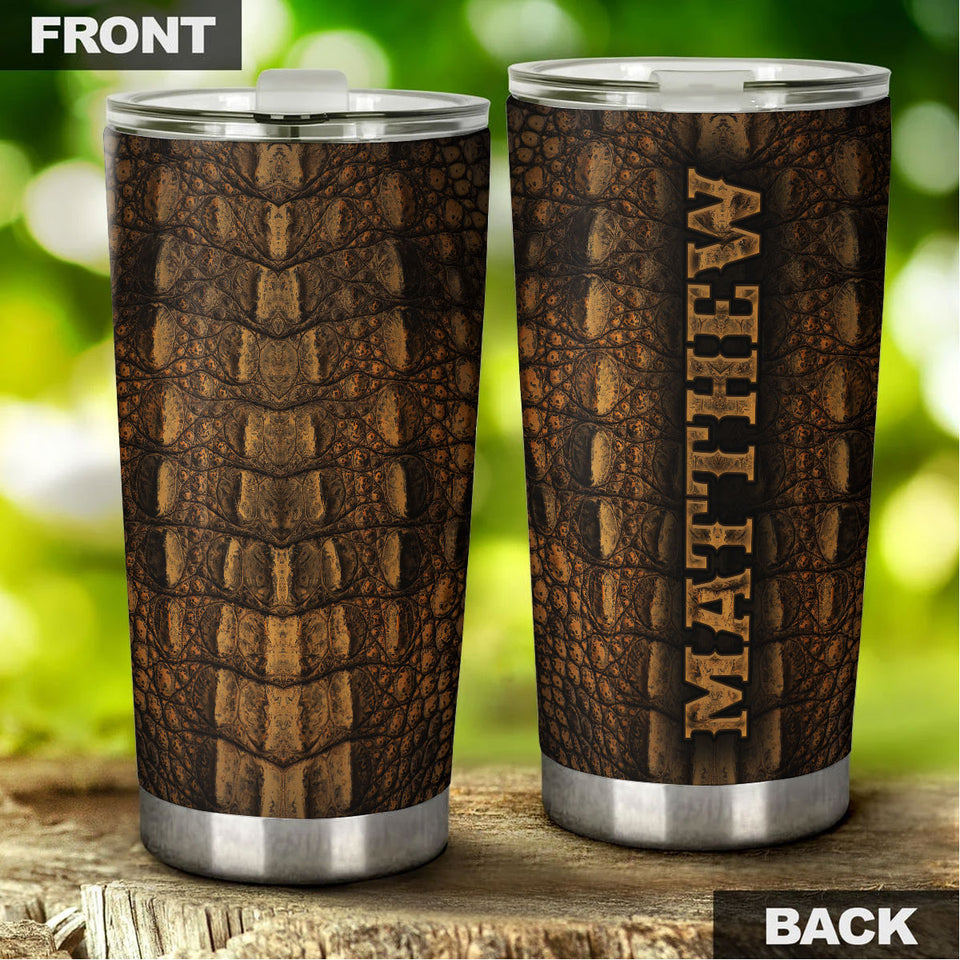 Camellia Persionalized Crocodile Leather Stainless Steel Tumbler - Customized Double - Walled Insulation Thermal Cup With Lid Gift For Baseball Player