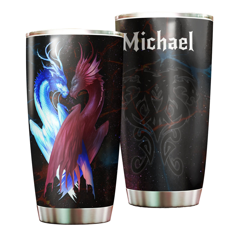 Camellia Personalized Dragon Couple Stainless Steel Tumbler - Customized Double-Walled Insulation Travel Thermal Cup With Lid Gift For Dragon Lover
