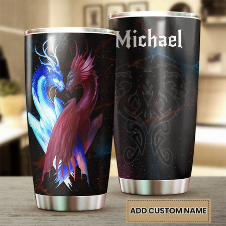 Camellia Personalized Dragon Couple Stainless Steel Tumbler - Customized Double-Walled Insulation Travel Thermal Cup With Lid Gift For Dragon Lover