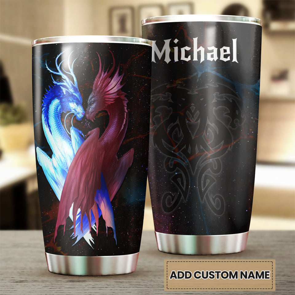 Camellia Personalized Dragon Couple Stainless Steel Tumbler - Customized Double-Walled Insulation Travel Thermal Cup With Lid Gift For Dragon Lover