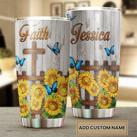 Camellia Personalized Butterfly Faith Sunflower Fence Stainless Steel Tumbler - Double-Walled Insulation Vacumm Flask - For Thanksgiving, Memorial Day, Christians, Christmas Gift
