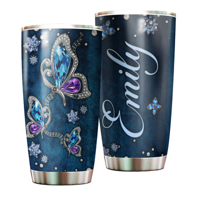 Camellia Personalized Butterfly Jewelry Style  Blue Stainless Steel Tumbler - Double-Walled Insulation Vacumm Flask - For Thanksgiving, Memorial Day, Christians, Christmas Gift