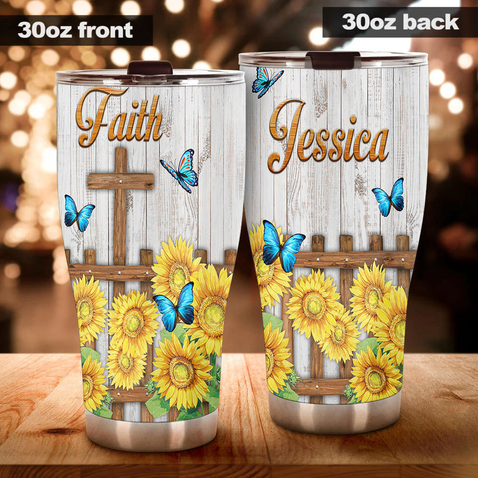 Camellia Personalized Butterfly Faith Sunflower Fence Stainless Steel Tumbler - Double-Walled Insulation Vacumm Flask - For Thanksgiving, Memorial Day, Christians, Christmas Gift