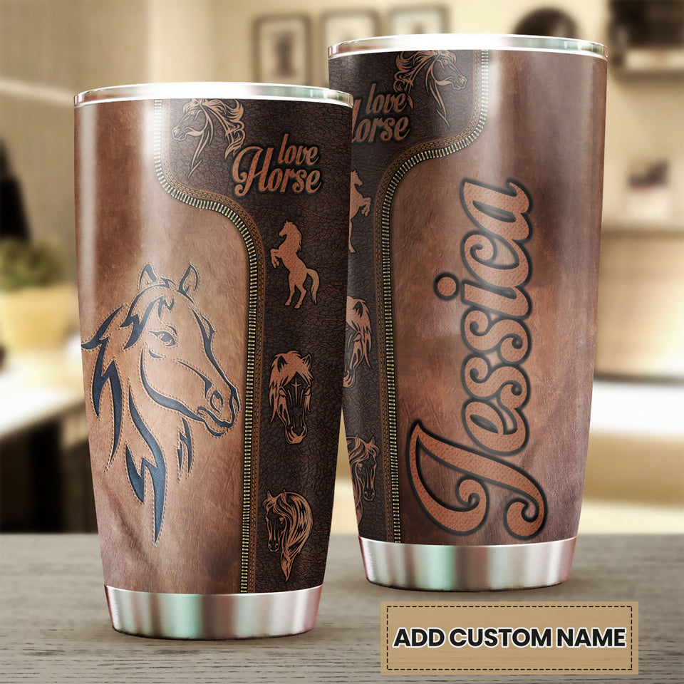 Camellia Personalized Horse Lover Leather Style Stainless Steel Tumbler - Double-Walled Insulation Vacumm Flask - Gift For Horse Lovers, Cowgirls, Cowboys, Perfect Christmas, Thanksgiving Gift