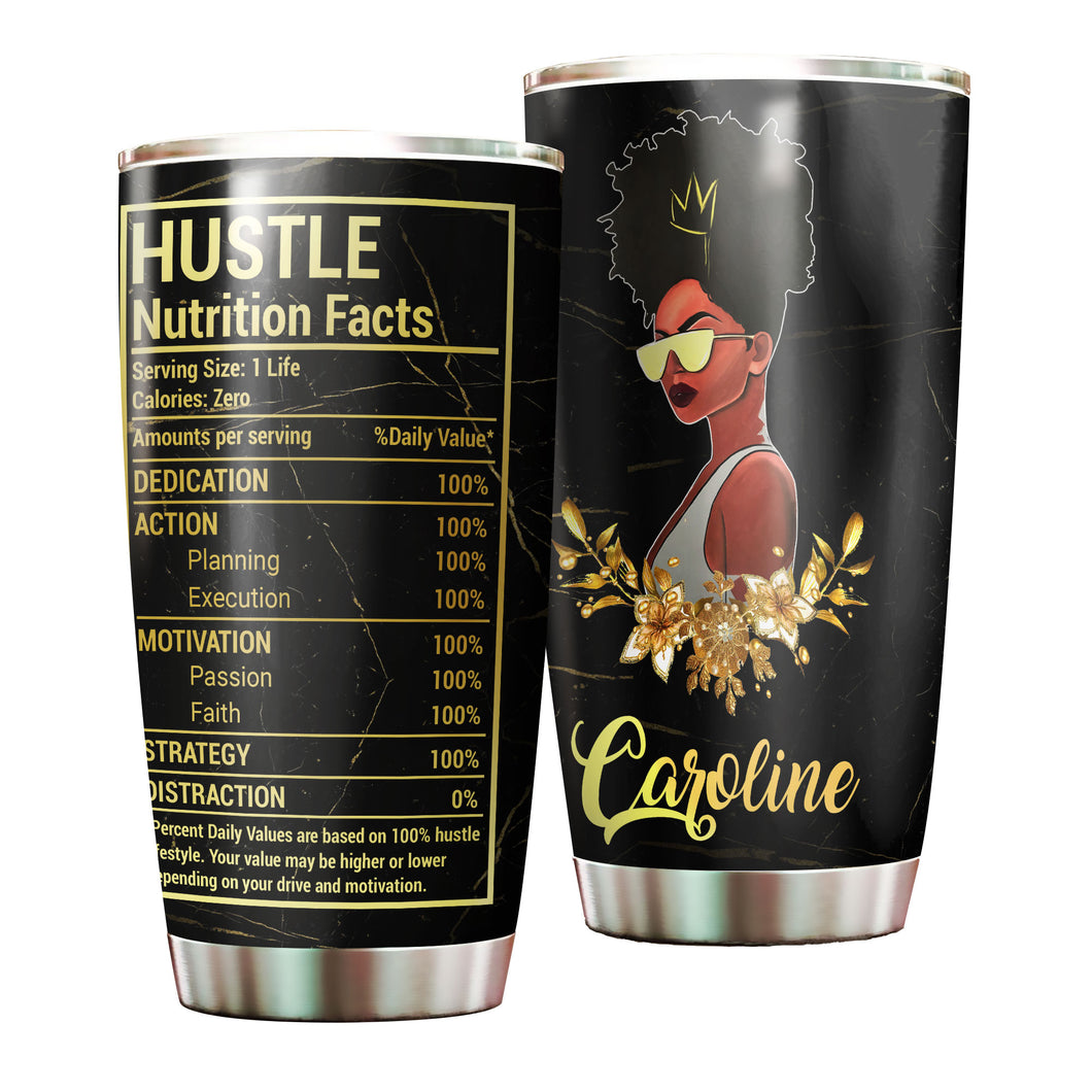 Camellia Personalized Black Women Hustle Stainless Steel Tumbler - Double-Walled Insulation Vacumm Flask - Gift For Black Queen, International Women's Day, Hippie Girls