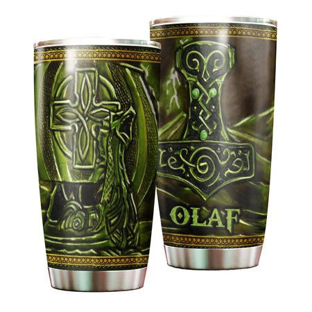 Camellia Personalized Green Viking Leather Style Stainless Steel Tumbler - Customized Double-Walled Insulation Travel Thermal Cup With Lid