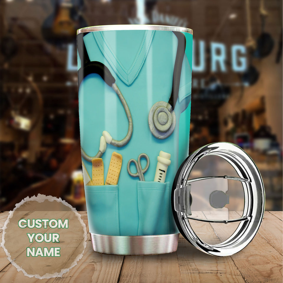 Camellia Personalized Nurse Blue Clay Outfit Stainless Steel Tumbler - Double-Walled Insulation Vacumm Flask - Gift For Nurse, Christmas Gift, International Nurses Day