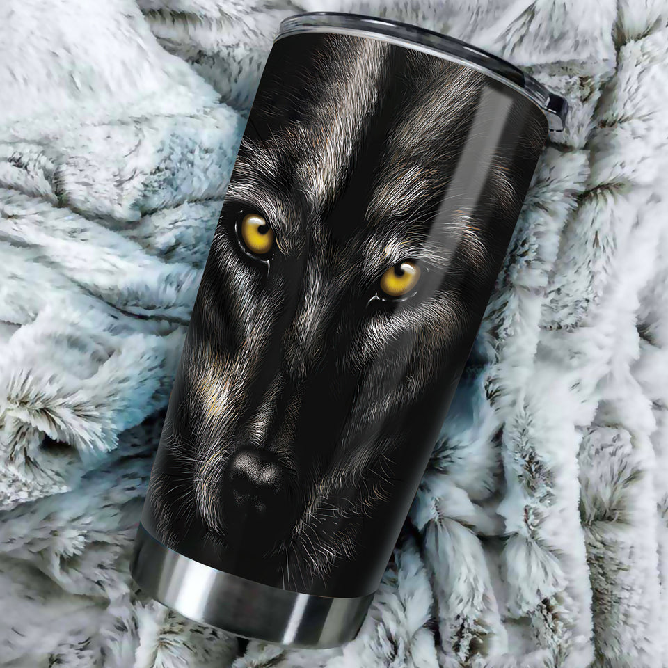 Camellia Persionalized 3D Black Wolf Face Stainless Steel Tumbler - Customized Double - Walled Insulation Travel Thermal Cup With Lid Gift For Wolf Lover