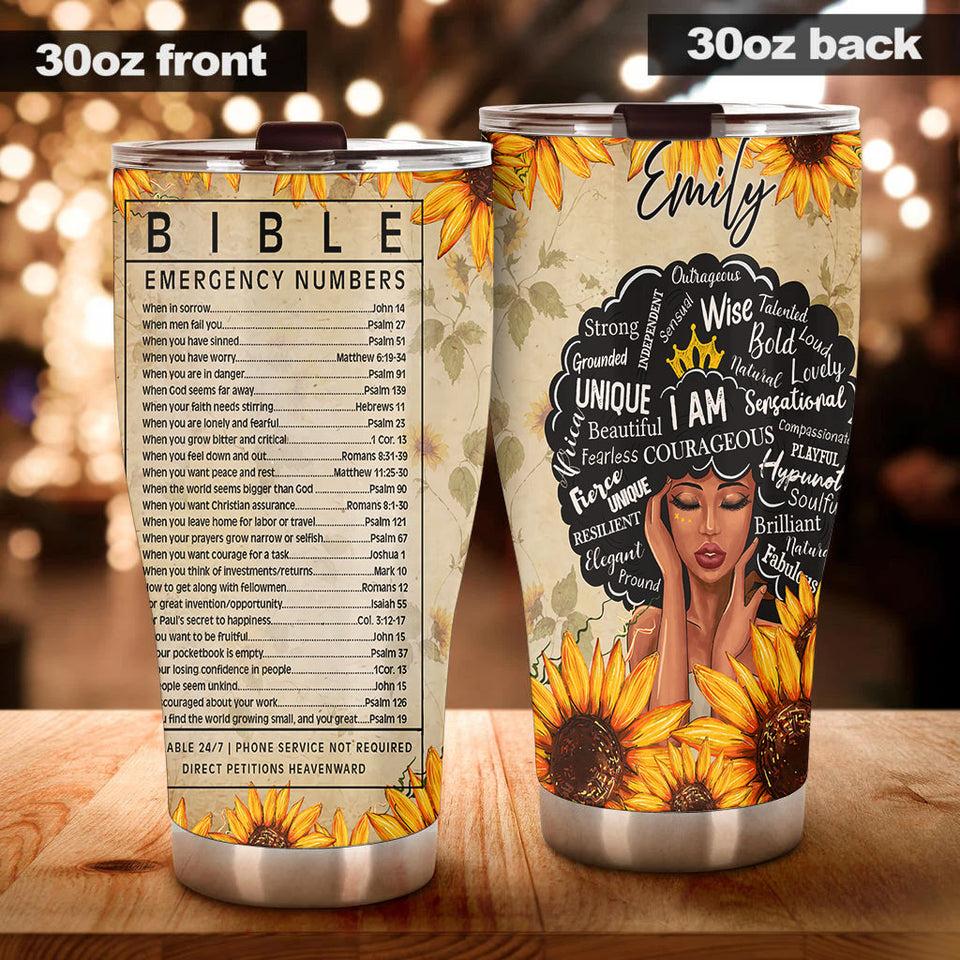 Camellia Personalized Black Queen Bible Emergency Numbers - Double-Walled Insulation Vacumm Flask - Gift For Black Queen, International Women's Day, Hippie Girls