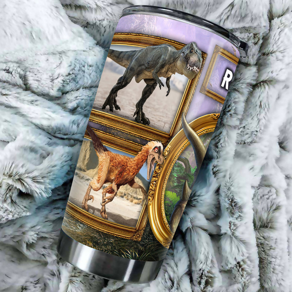 Camellia Personalized 3D Dinosaur Desert Stainless Steel Tumbler - Customized Double-Walled Insulation Travel Thermal Cup With Lid Gift For Dinosaur Lover