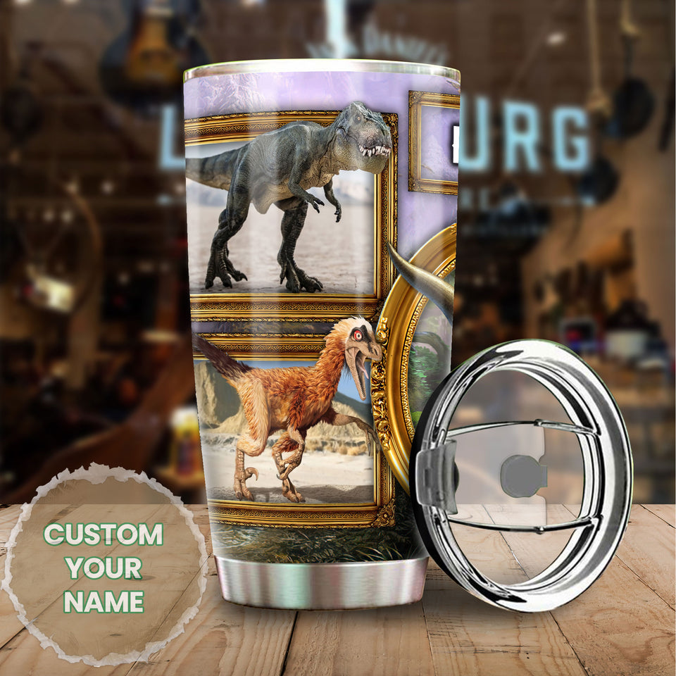 Camellia Personalized 3D Dinosaur Desert Stainless Steel Tumbler - Customized Double-Walled Insulation Travel Thermal Cup With Lid Gift For Dinosaur Lover
