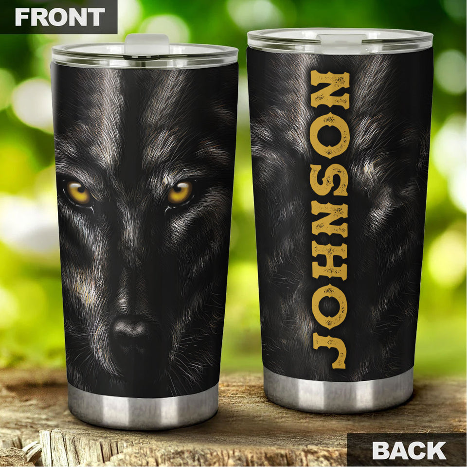 Camellia Persionalized 3D Black Wolf Face Stainless Steel Tumbler - Customized Double - Walled Insulation Travel Thermal Cup With Lid Gift For Wolf Lover