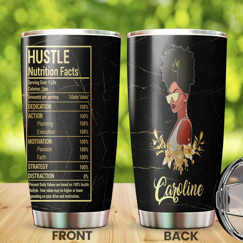 Camellia Personalized Black Women Hustle Stainless Steel Tumbler - Double-Walled Insulation Vacumm Flask - Gift For Black Queen, International Women's Day, Hippie Girls