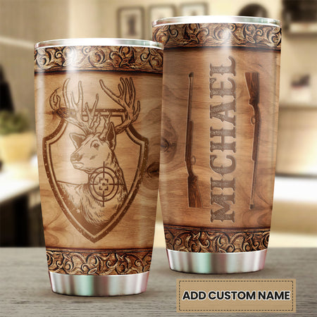 Camellia Personalized Deer Hunt  Wooden Style Stainless Steel Tumbler - Customized Double-Walled Insulation Travel Thermal Cup With Lid Gift  For Deer Lover