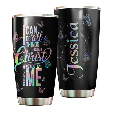 Camellia Personalized Butterfly I Can Do All Things Through Christ Stainless Steel Tumbler - Double-Walled Insulation Vacumm Flask - For Thanksgiving, Memorial Day, Christians, Christmas Gift