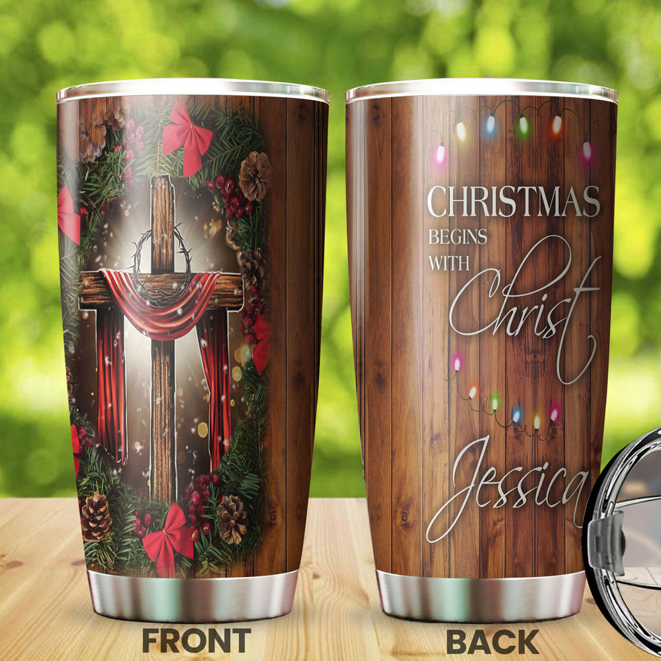 Camellia Personalized Christmas Begins With Christ Stainless Steel Tumbler - Customized Double-Walled Insulation Travel Thermal Cup With Lid Gift For Christian