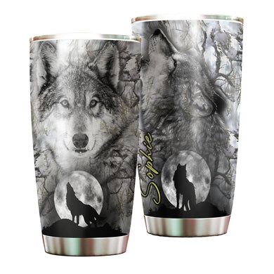 Camellia Persionalized 3D Dark Wolf Stainless Steel Tumbler - Customized Double - Walled Insulation Travel Thermal Cup With Lid Gift For Wolf Lover