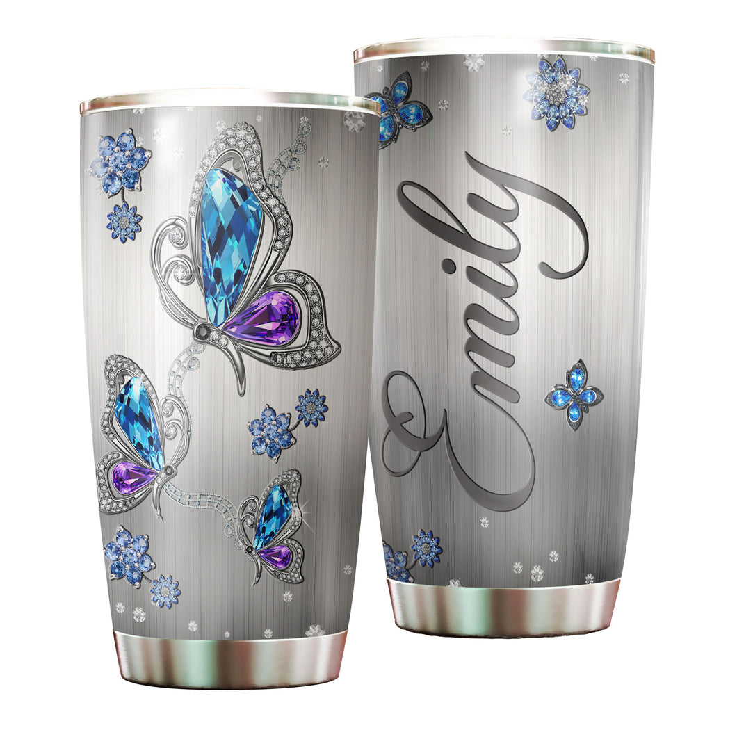 Camellia Personalized Butterfly Jewelry Style Purple Stainless Steel Tumbler - Double-Walled Insulation Vacumm Flask - For Thanksgiving, Memorial Day, Christians, Christmas Gift