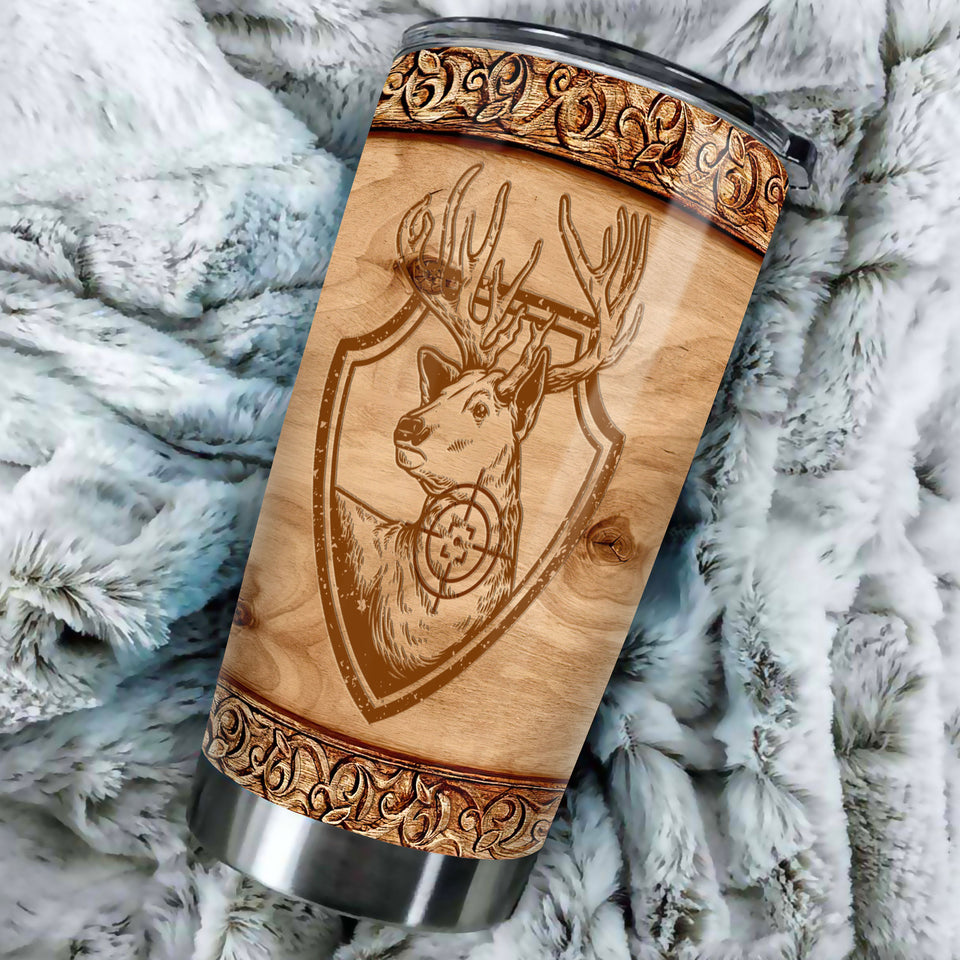 Camellia Personalized Deer Hunt  Wooden Style Stainless Steel Tumbler - Customized Double-Walled Insulation Travel Thermal Cup With Lid Gift  For Deer Lover