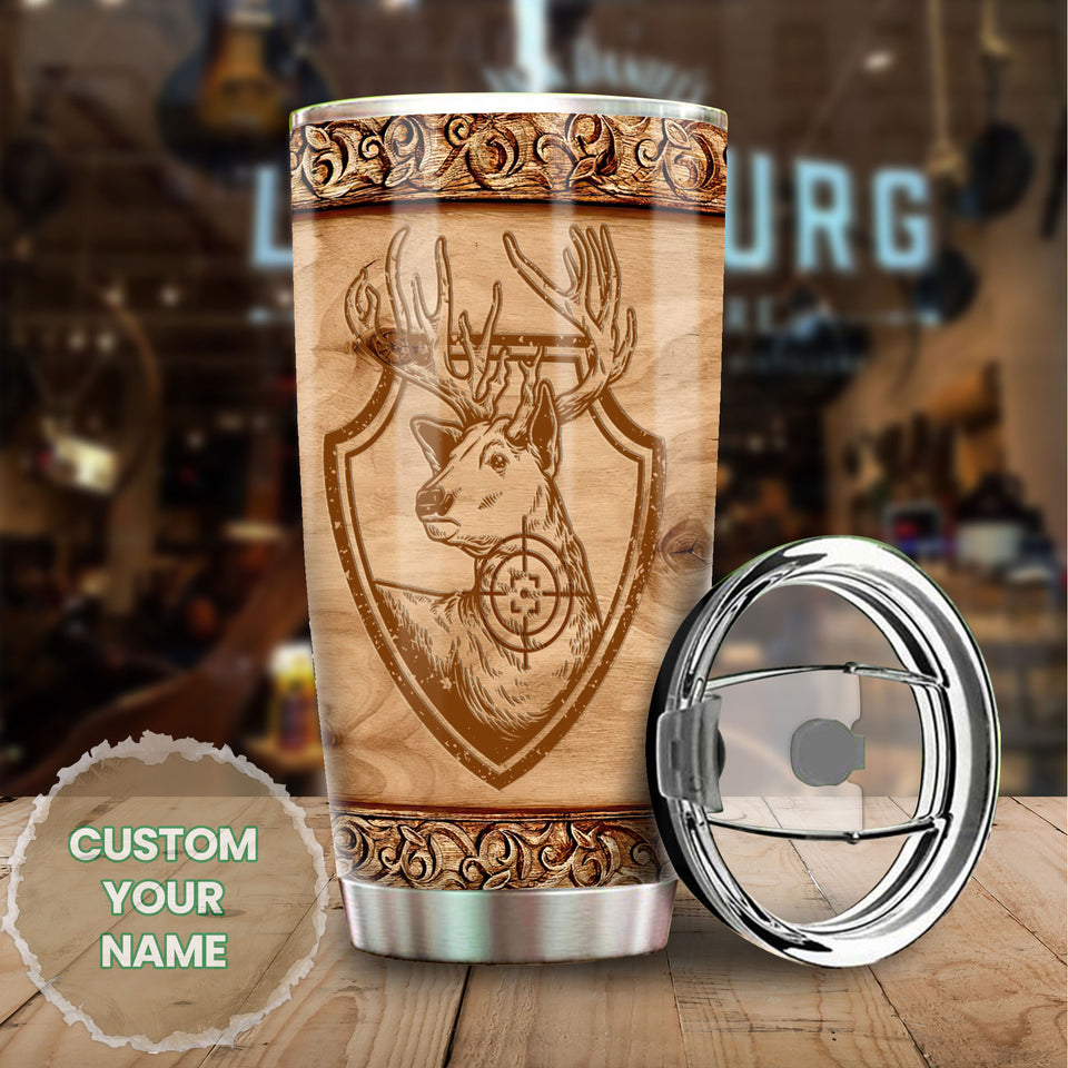 Camellia Personalized Deer Hunt  Wooden Style Stainless Steel Tumbler - Customized Double-Walled Insulation Travel Thermal Cup With Lid Gift  For Deer Lover