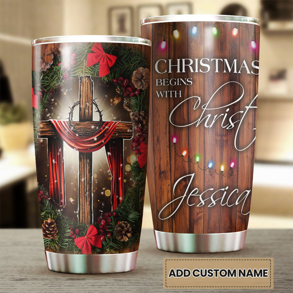 Camellia Personalized Christmas Begins With Christ Stainless Steel Tumbler - Customized Double-Walled Insulation Travel Thermal Cup With Lid Gift For Christian