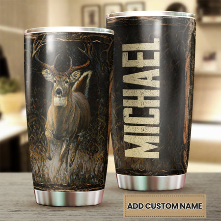 Camellia Personalized 3D Vintage Deer Running Stainless Steel Tumbler - Customized Double-Walled Insulation Travel Thermal Cup With Lid Gift For Deer Lover