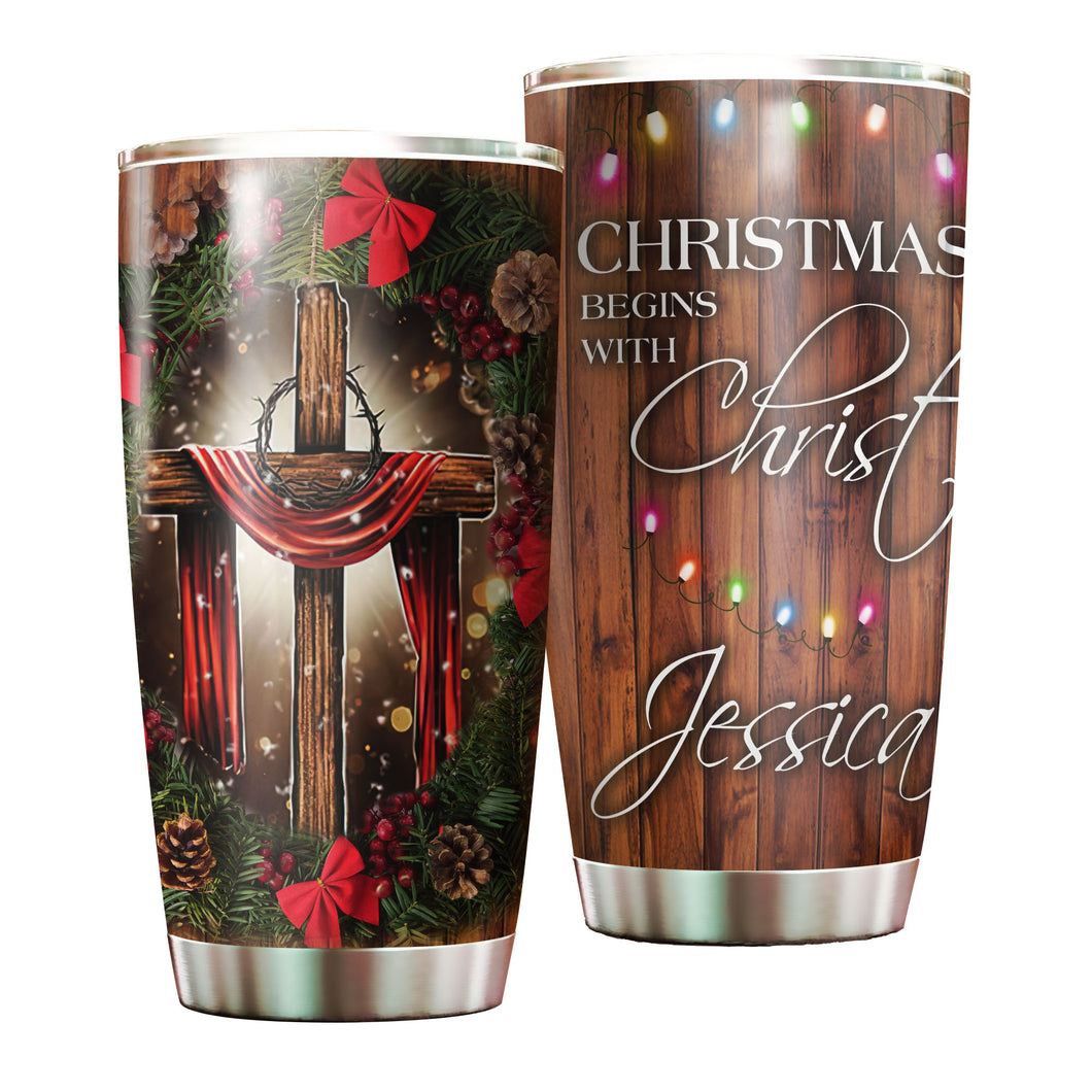 Camellia Personalized Christmas Begins With Christ Stainless Steel Tumbler - Customized Double-Walled Insulation Travel Thermal Cup With Lid Gift For Christian