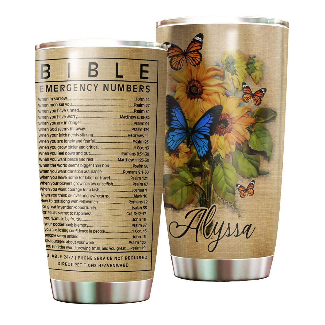 Camellia Personalized Sunflower Butterfly Bible Emergency Numbers Stainless Steel Tumbler - Customized Double-Walled Insulation Travel Thermal Cup With Lid Gift For Christian