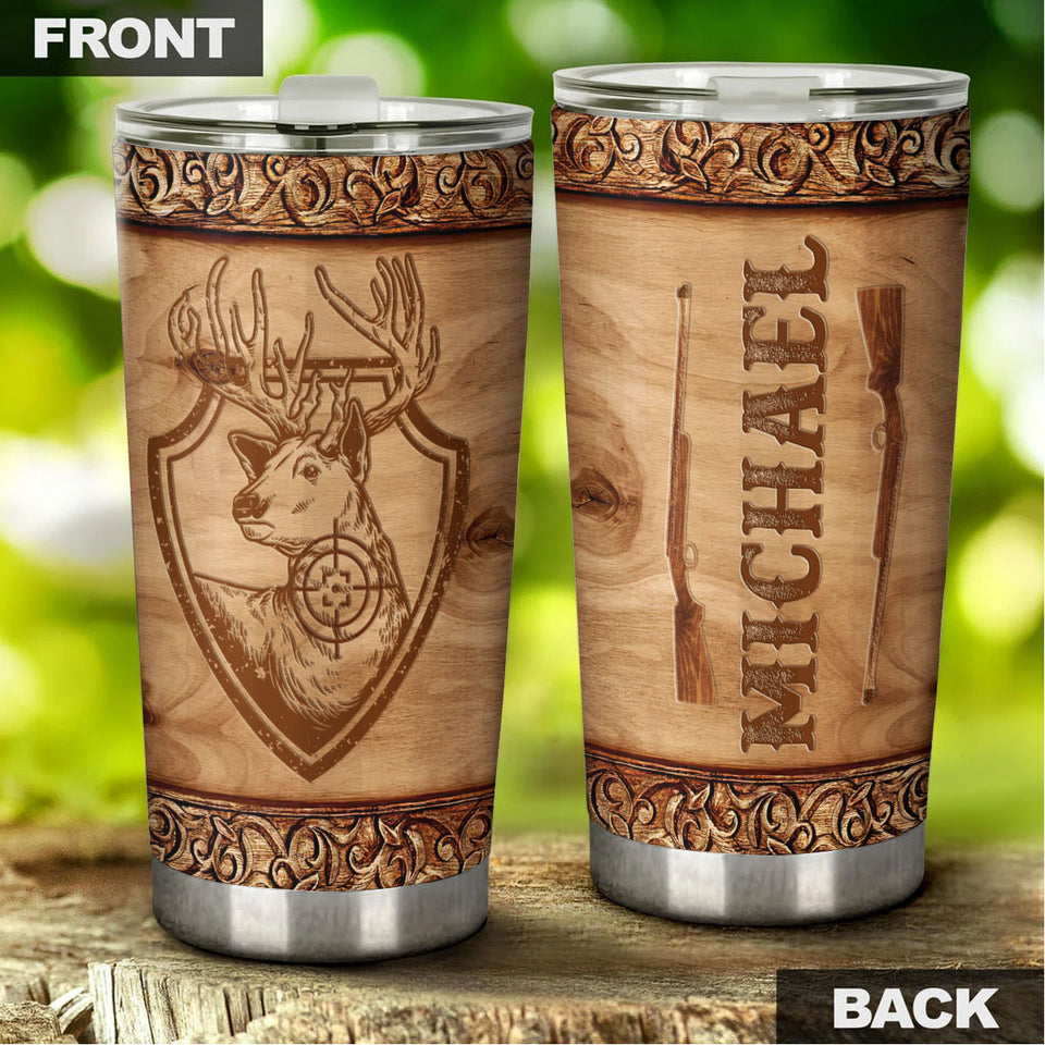 Camellia Personalized Deer Hunt  Wooden Style Stainless Steel Tumbler - Customized Double-Walled Insulation Travel Thermal Cup With Lid Gift  For Deer Lover