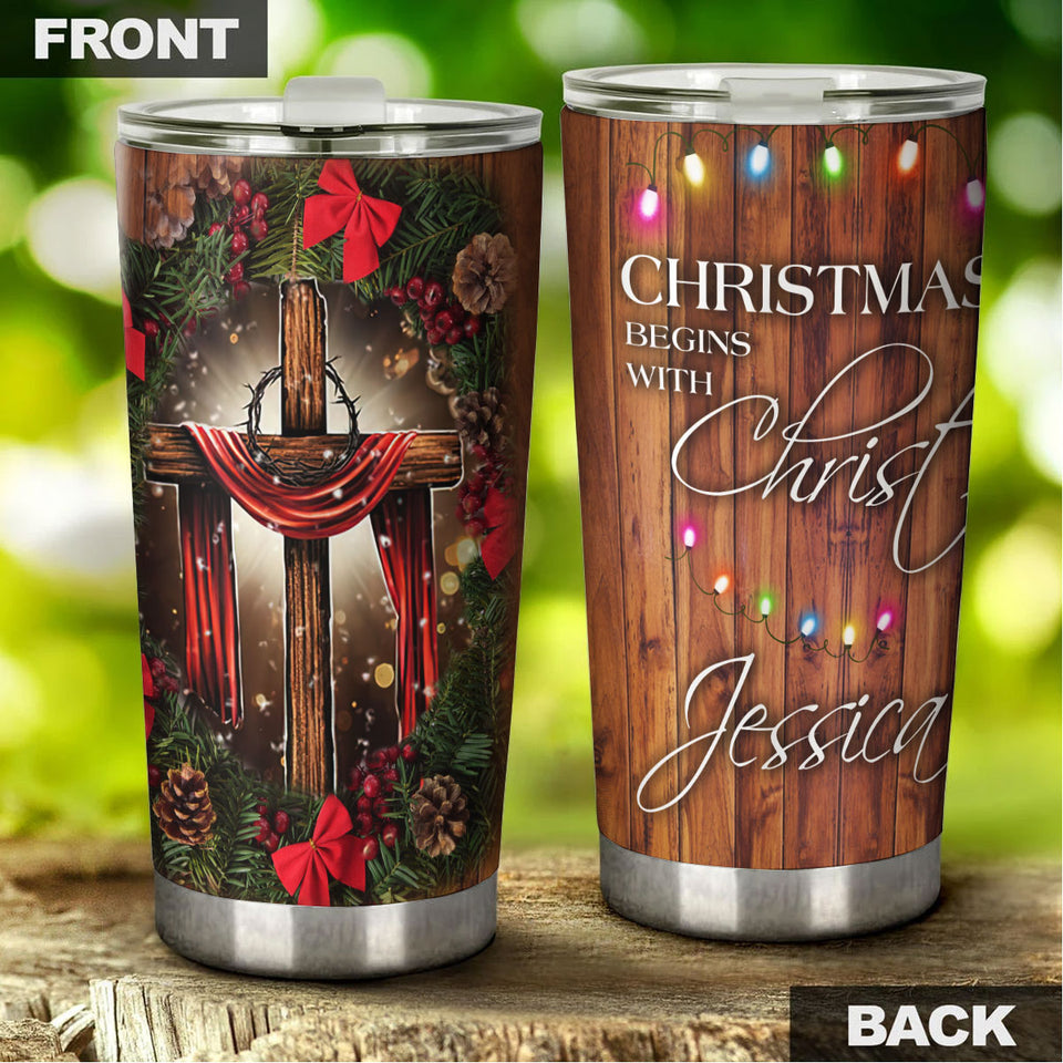Camellia Personalized Christmas Begins With Christ Stainless Steel Tumbler - Customized Double-Walled Insulation Travel Thermal Cup With Lid Gift For Christian