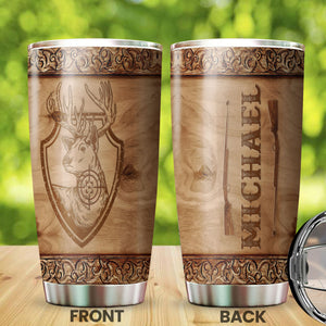 Camellia Personalized Deer Hunt  Wooden Style Stainless Steel Tumbler - Customized Double-Walled Insulation Travel Thermal Cup With Lid Gift  For Deer Lover