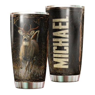 Camellia Personalized 3D Vintage Deer Running Stainless Steel Tumbler - Customized Double-Walled Insulation Travel Thermal Cup With Lid Gift For Deer Lover