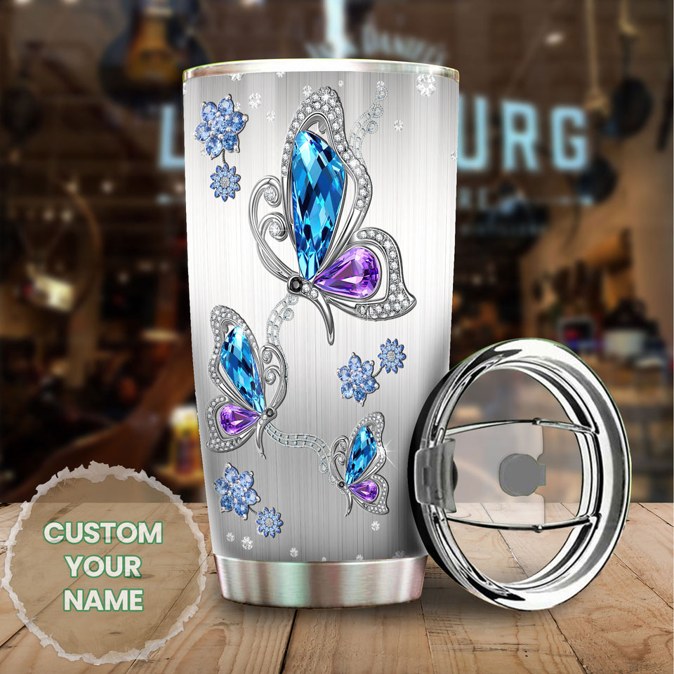 Camellia Personalized Butterfly Jewelry Style Purple Stainless Steel Tumbler - Double-Walled Insulation Vacumm Flask - For Thanksgiving, Memorial Day, Christians, Christmas Gift