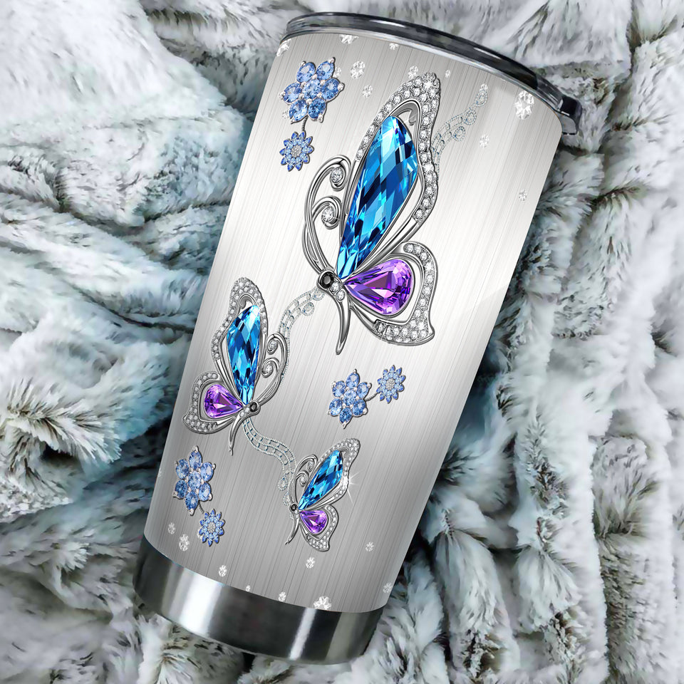 Camellia Personalized Butterfly Jewelry Style Purple Stainless Steel Tumbler - Double-Walled Insulation Vacumm Flask - For Thanksgiving, Memorial Day, Christians, Christmas Gift