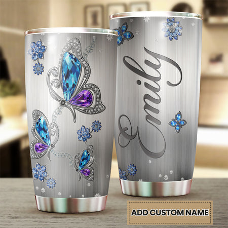 Camellia Personalized Butterfly Jewelry Style Purple Stainless Steel Tumbler - Double-Walled Insulation Vacumm Flask - For Thanksgiving, Memorial Day, Christians, Christmas Gift