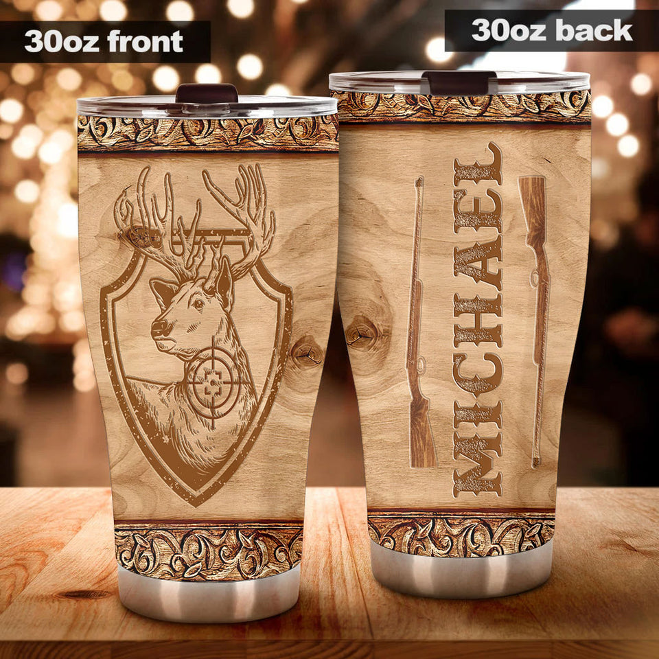 Camellia Personalized Deer Hunt  Wooden Style Stainless Steel Tumbler - Customized Double-Walled Insulation Travel Thermal Cup With Lid Gift  For Deer Lover