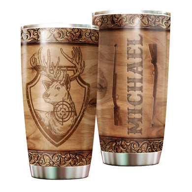 Camellia Personalized Deer Hunt  Wooden Style Stainless Steel Tumbler - Customized Double-Walled Insulation Travel Thermal Cup With Lid Gift  For Deer Lover