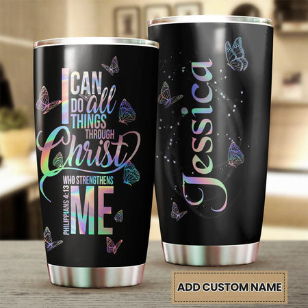 Camellia Personalized Butterfly I Can Do All Things Through Christ Stainless Steel Tumbler - Double-Walled Insulation Vacumm Flask - For Thanksgiving, Memorial Day, Christians, Christmas Gift