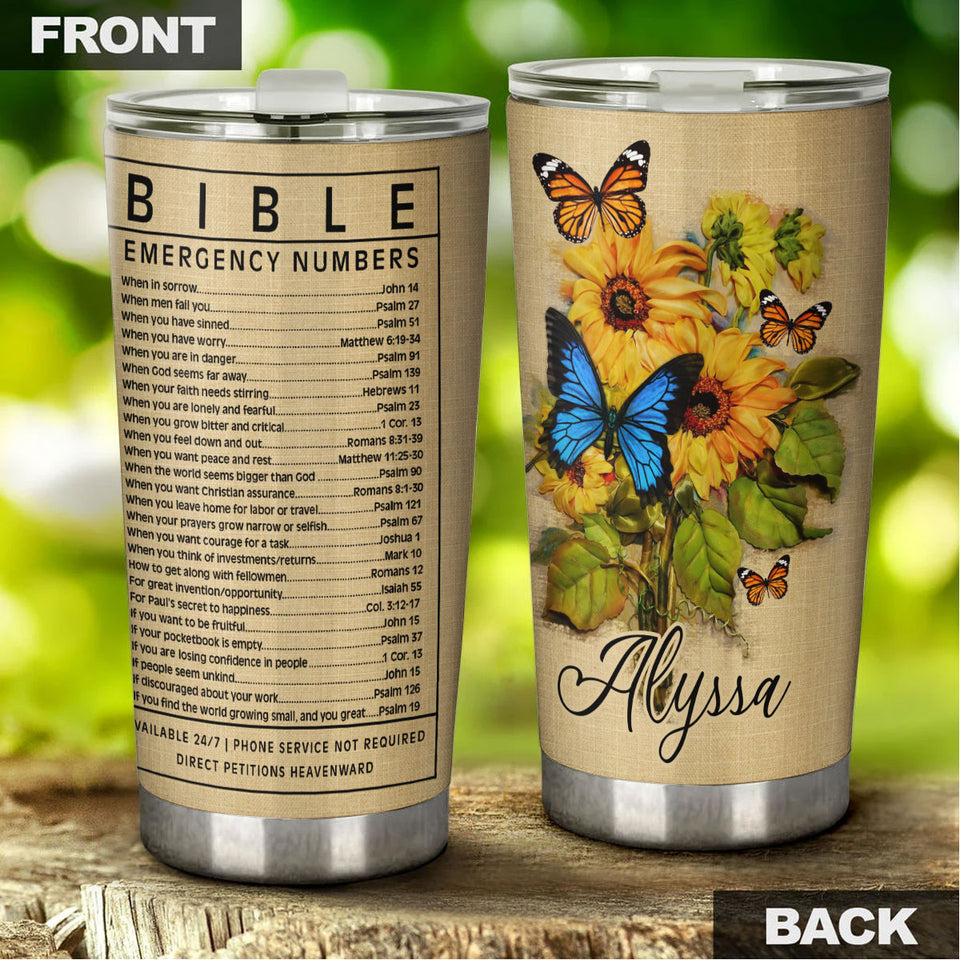 Camellia Personalized Sunflower Butterfly Bible Emergency Numbers Stainless Steel Tumbler - Customized Double-Walled Insulation Travel Thermal Cup With Lid Gift For Christian