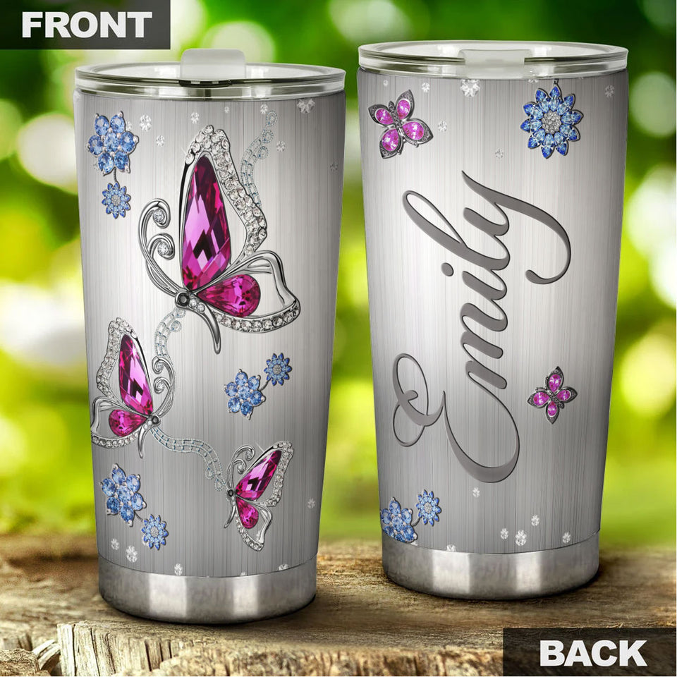 Camellia Personalized Butterfly Jewelry Style  Pink Stainless Steel Tumbler - Double-Walled Insulation Vacumm Flask - For Thanksgiving, Memorial Day, Christians, Christmas Gift
