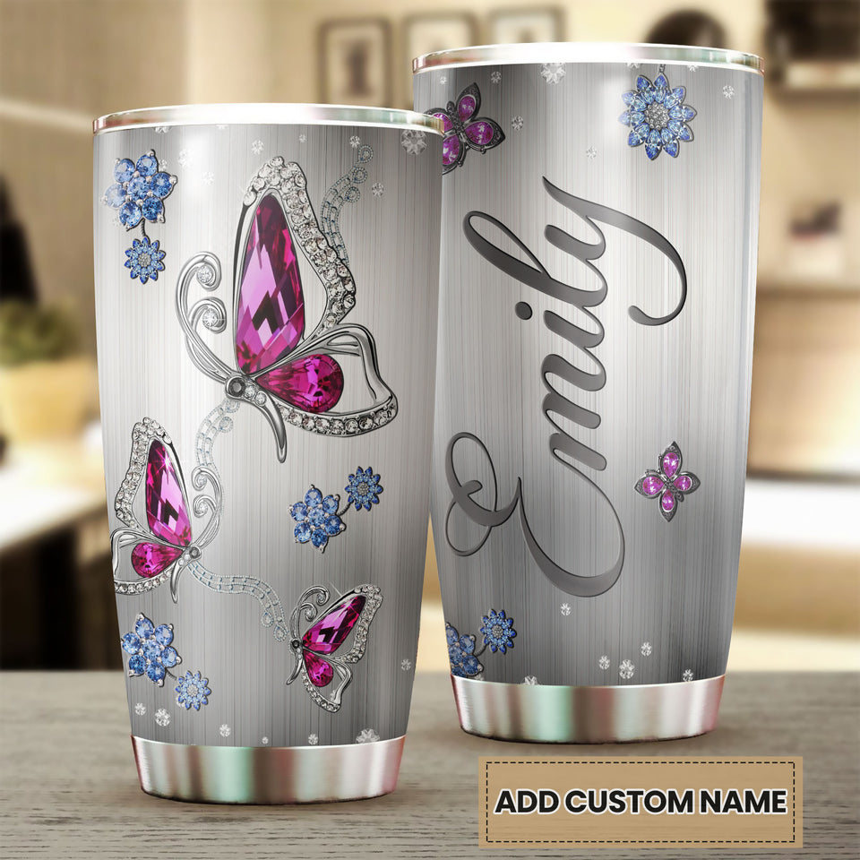 Camellia Personalized Butterfly Jewelry Style  Pink Stainless Steel Tumbler - Double-Walled Insulation Vacumm Flask - For Thanksgiving, Memorial Day, Christians, Christmas Gift