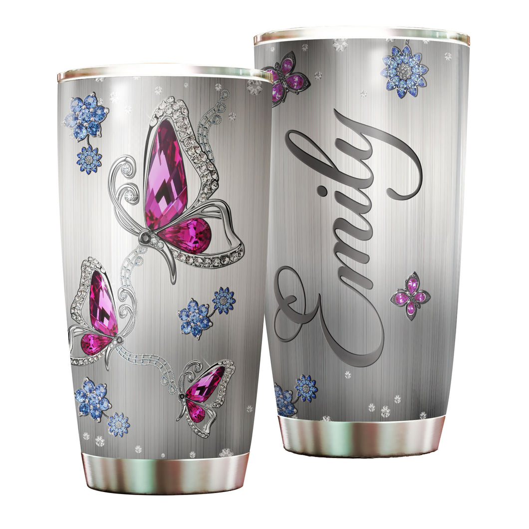 Camellia Personalized Butterfly Jewelry Style  Pink Stainless Steel Tumbler - Double-Walled Insulation Vacumm Flask - For Thanksgiving, Memorial Day, Christians, Christmas Gift