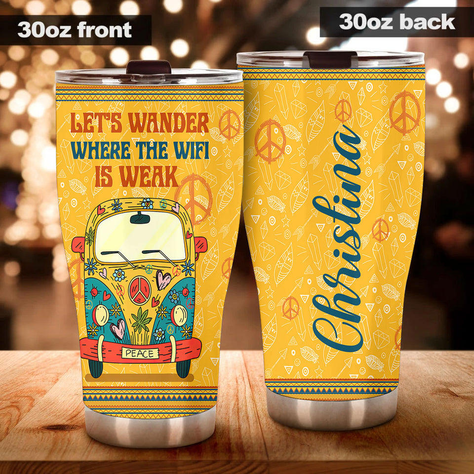 Camellia Personalized Hippie Van Let's Wander Where The Wifi Is Weak Stainless Steel Tumbler- Sweat-Proof Double Wall Travel Cup With Lid