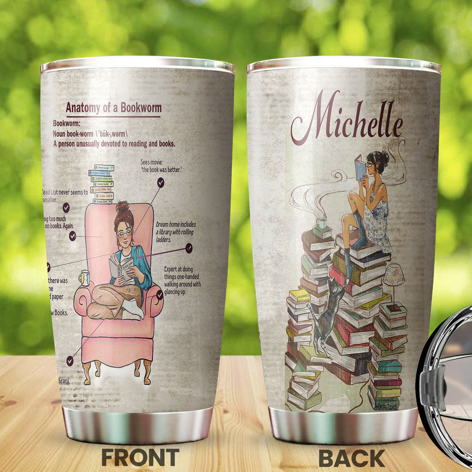 Camellia Personalized  Anatomy  Of A Bookworm Stainless Steel Tumbler - Double-Walled Insulation Vacumm Flask - Gift For Book Lovers, Nerd, International Book Day
