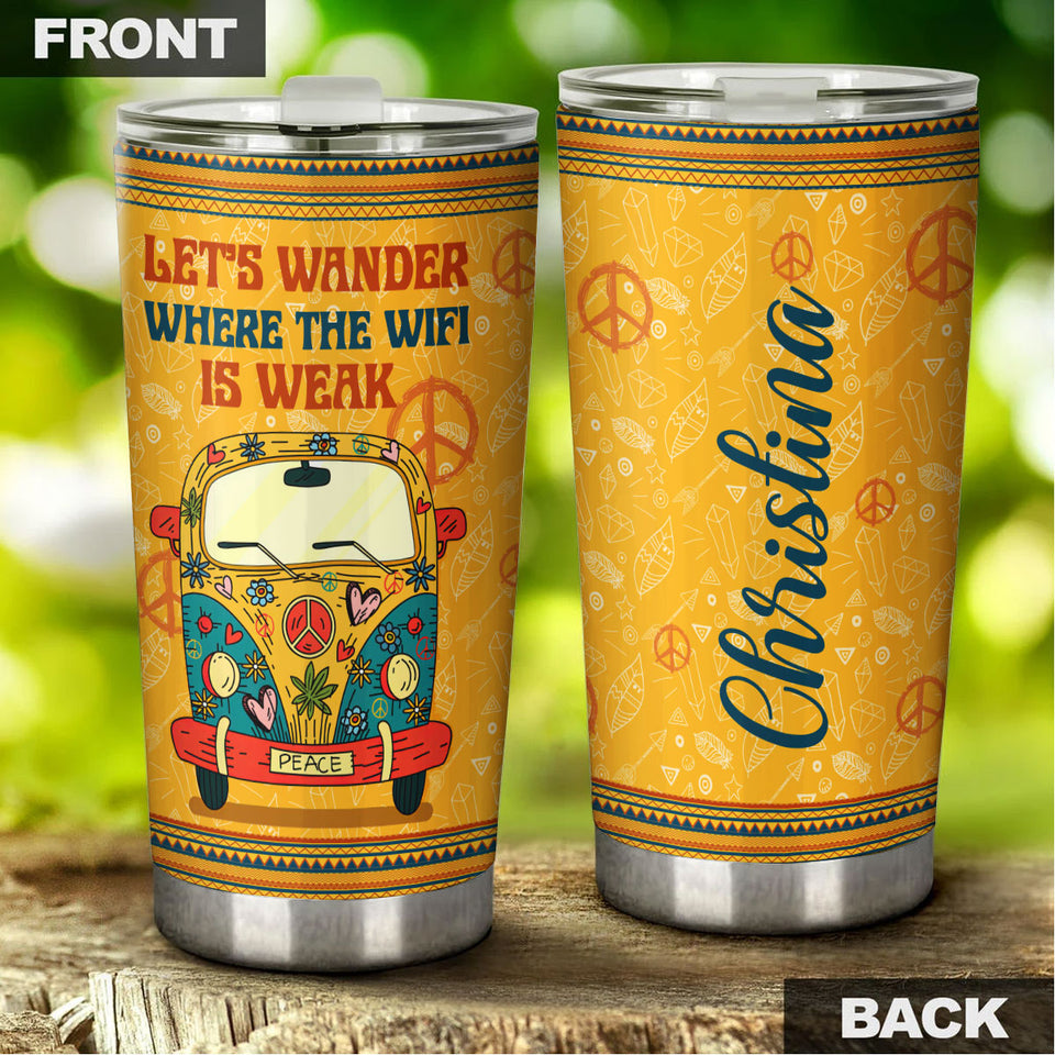 Camellia Personalized Hippie Van Let's Wander Where The Wifi Is Weak Stainless Steel Tumbler- Sweat-Proof Double Wall Travel Cup With Lid