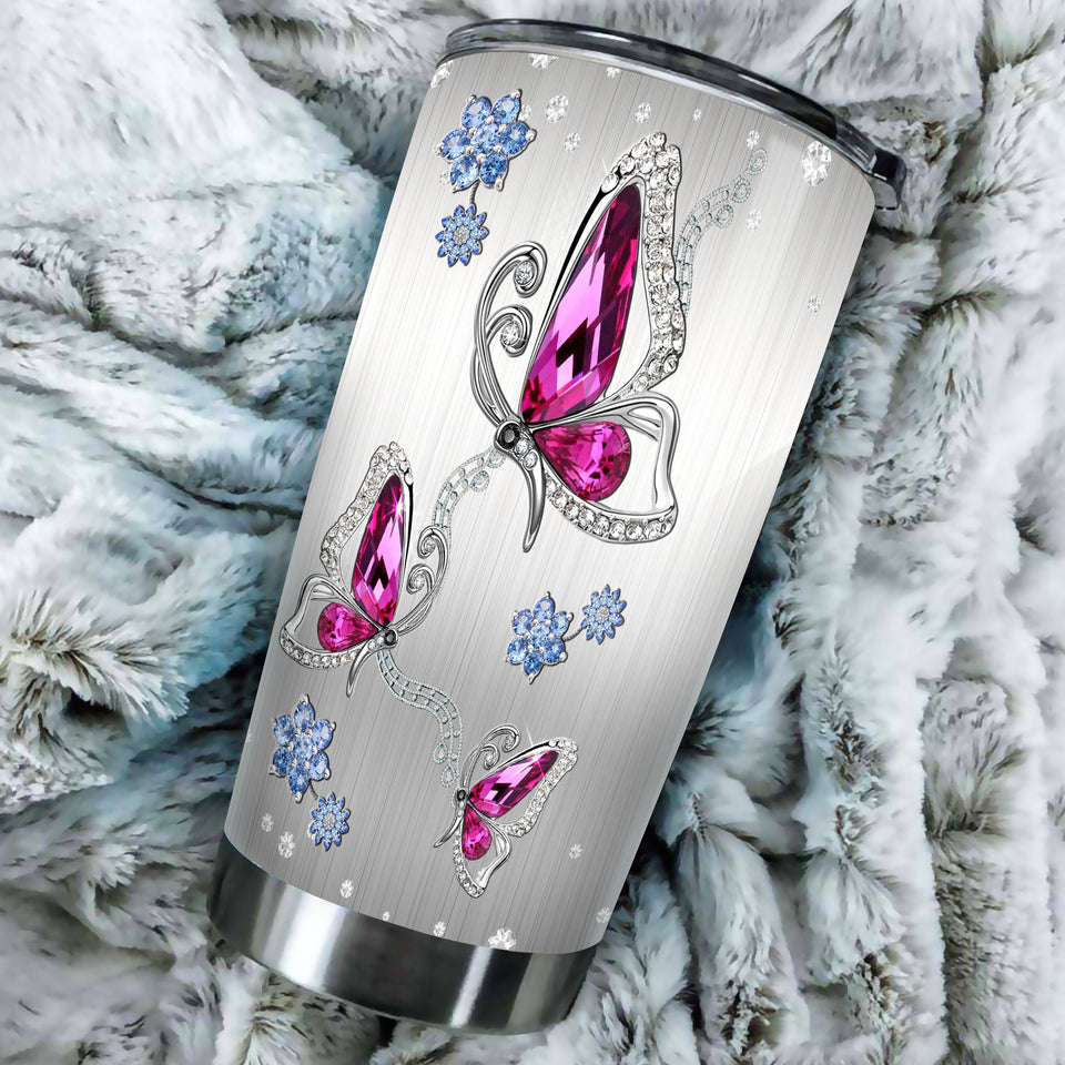 Camellia Personalized Butterfly Jewelry Style  Pink Stainless Steel Tumbler - Double-Walled Insulation Vacumm Flask - For Thanksgiving, Memorial Day, Christians, Christmas Gift