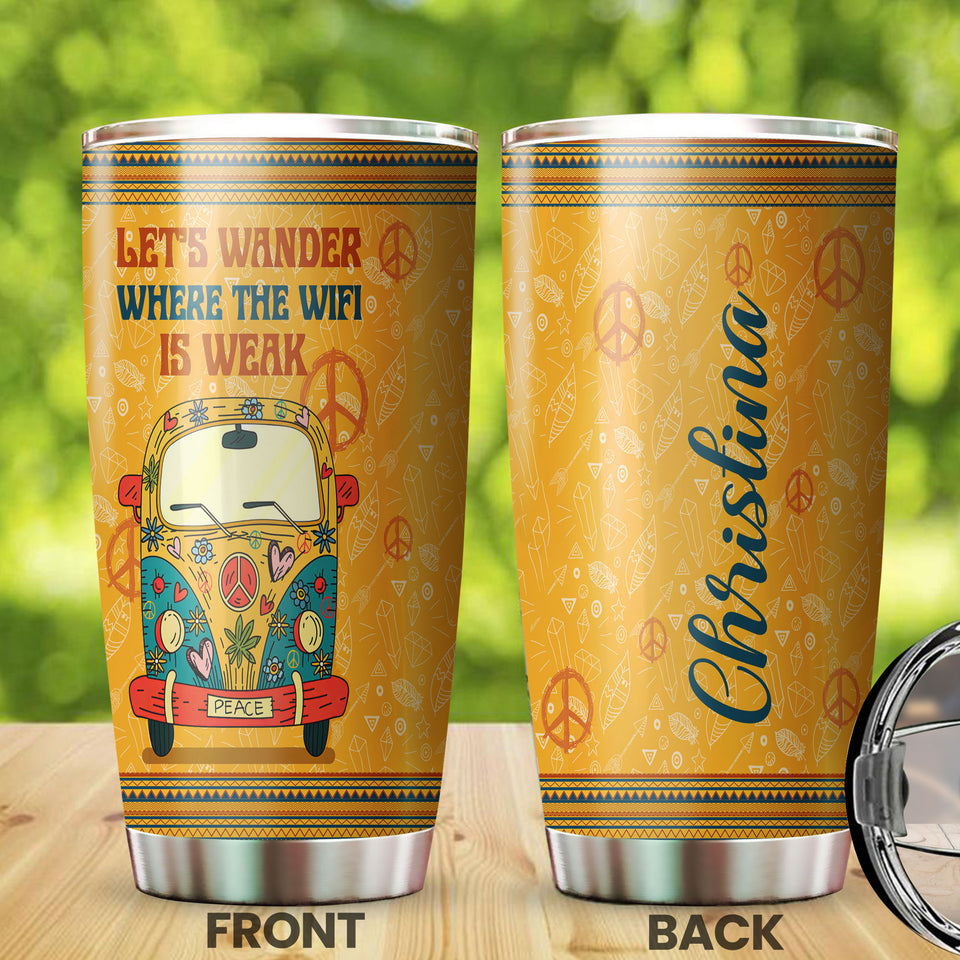 Camellia Personalized Hippie Van Let's Wander Where The Wifi Is Weak Stainless Steel Tumbler- Sweat-Proof Double Wall Travel Cup With Lid