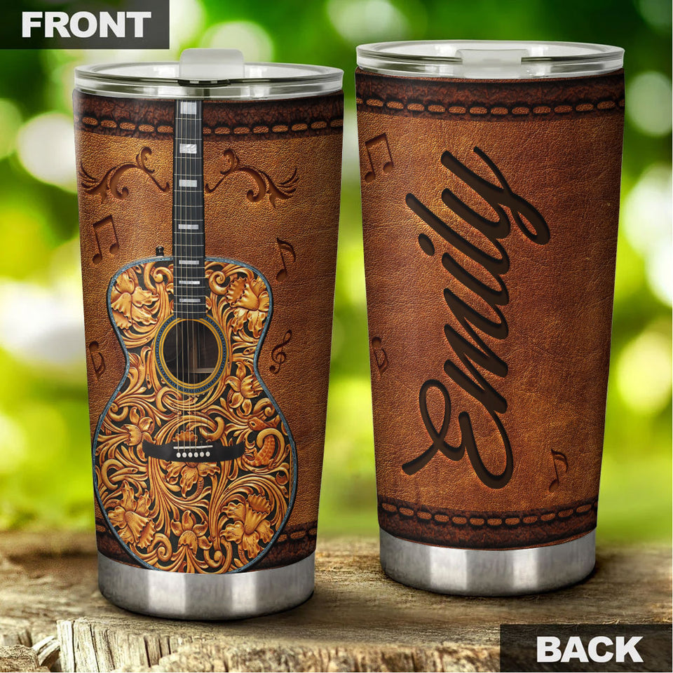 Camellia Personalized Guitar Leather Style Stainless Steel Tumbler - Customized Double-Walled Insulation Travel Thermal Cup With Lid Gift For Guitarist