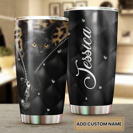 Camellia Personalized Black Cat Leather Style  Stainless Steel Tumbler-Sweat-Proof Gift For Cat Lover Mom Cat