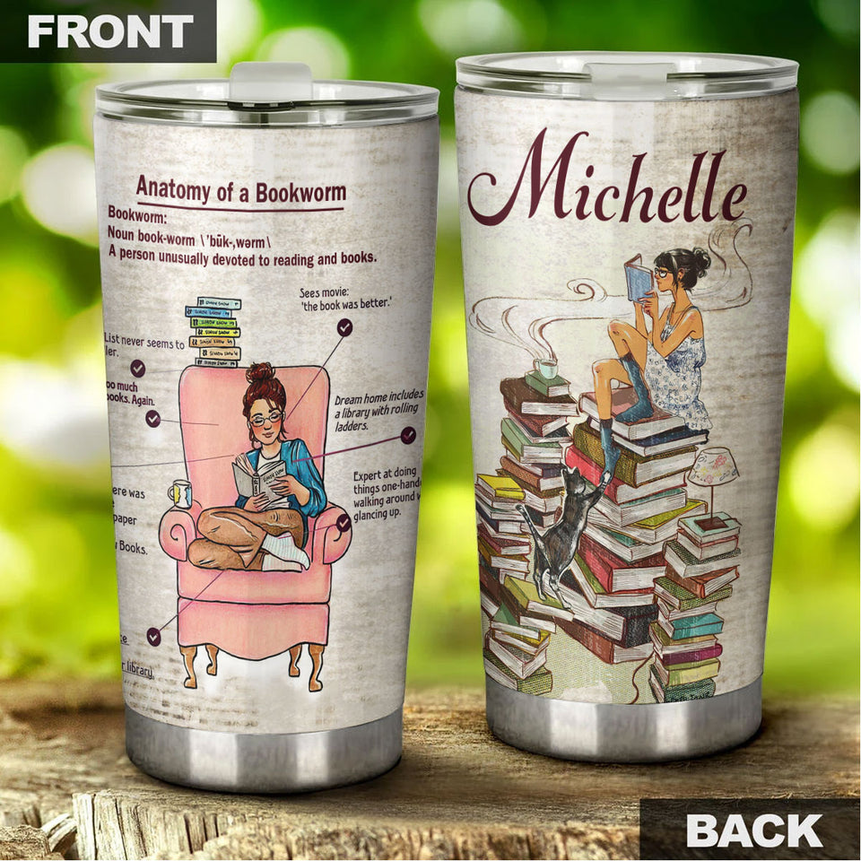 Camellia Personalized  Anatomy  Of A Bookworm Stainless Steel Tumbler - Double-Walled Insulation Vacumm Flask - Gift For Book Lovers, Nerd, International Book Day
